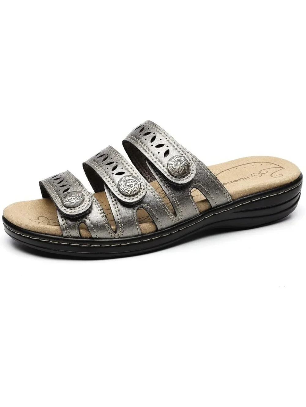 Women's Comfort Leather Slides Flat Sandals Pewter Slip On Walking Slippers - Picture 2 of 6